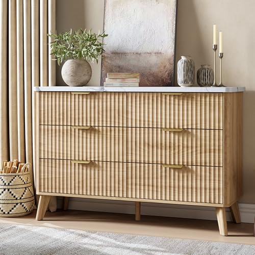 Fluted Dresser for Bedroom with 6 Deep Drawers, 47.2 in Tall Chest of Drawers with Faux Marble Top, Curved Profile Design, Modern Wooden Dresser, for