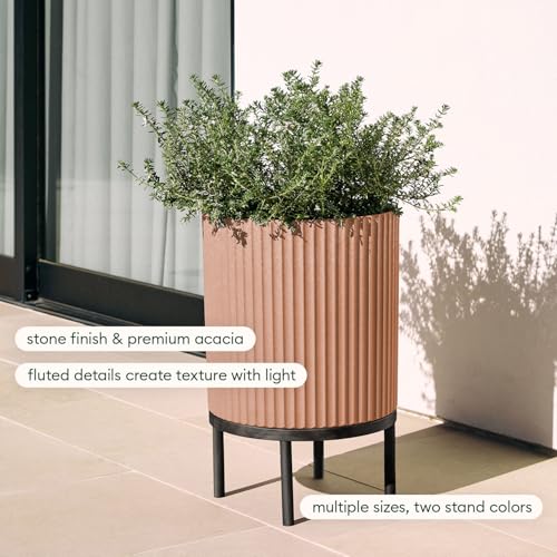Image of Veradek Demi Series Raised Planter - Round Planter with Stand | Made From a Durable Plastic-Stone Composite & Comes With Wooden Stand. Modern Porch /Patio Decor