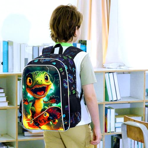 Image of 3Pcs Dinosaur Backpack, Boys Kids Bookbag with Lunch Box, 16 inch Dino School Backpacks for Elementary Preschool Kindergarten (Black)