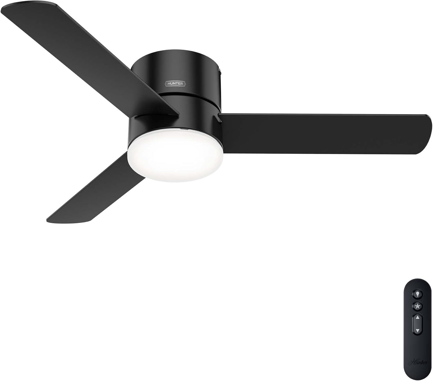 Hunter 52 inch Indoor Ceiling Fan with Light and Remote Control - For Bedroom or Living Room, Low Profile Mount, Black Modern Ceiling Fan with LED Light, Quiet, 3 Blades - Minimus 51432, Matte Black