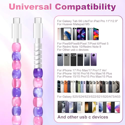 Image of HianDier USB C to USB C Cable 3.3FT Stylish Crystal Beads Jade Type C Charger Fast Charging Cord for Girls Women Compatible with iPhone 17 Air 16 Pro Max 15 for Galaxy S25 for iPad Pro-Pink Purple