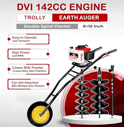 Image of DVI 142CC Trolley Earth Auger Machine, 4-Stroke Petrol Engine - with 8 Inch + 10 Inch Double Spiral Planter Bits & Free Extension Rod | for Plantation, Fencing & Post Hole Digging in All Soil Types.