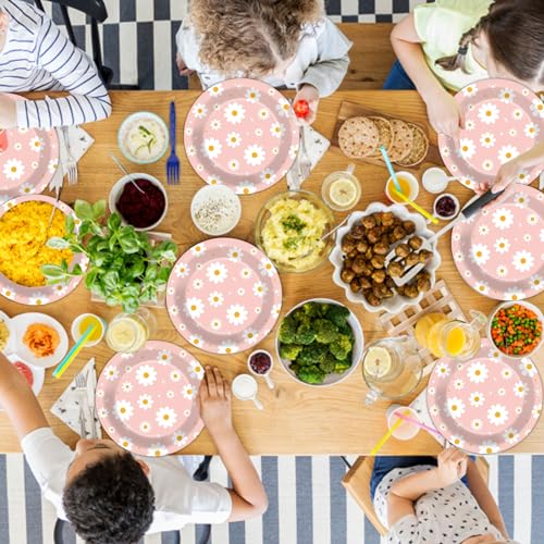 Image of Qyeahkj 48 PCS Daisy Paper Plates 7 Inch Daisy Flower Party Supplies Groovy Tableware Set Pink Groovy Boho Dessert Plates Decorations for Birthday Baby Shower Wedding Disposable Party Favors