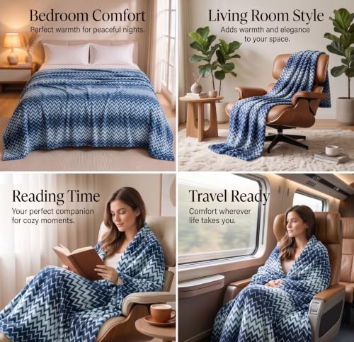Image of SANMARINO Premium 300 GSM Double Bed Flannel Blanket | Ultra Soft Zig Zag Plush Blanket | All Season Lightweight & Cozy | AC Blanket for Bed, Sofa, Couch, Travel & Camping | 220x230 cm,Blue