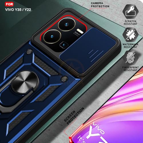 Image of Armor Bumper Back Cover Case for Vivo Y35 / Y22 | Rotating Camera Cover, Ring Holder & Kickstand | Heavy Duty & 360 Degree Protection Vivo Y35 / Y22 Back Cover (Blue)