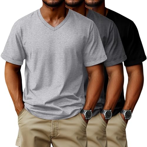 3 Pack Big and Tall Cotton T-Shirts for Men, Short Sleeve V Neck Oversized Tops Casual Summer Basic Plus Size Tees