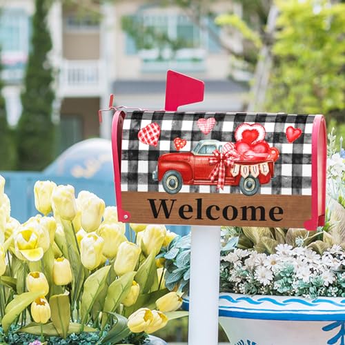 Image of Valentine's Day Mailbox Covers Magnetic Black and White Buffalo Plaid Heart Mailbox Cover Standard Size 25.5 x 21 Holiday Welcome Mailbox Wrap Post Letter Box Cover Decorative for Home Outdoor Garden