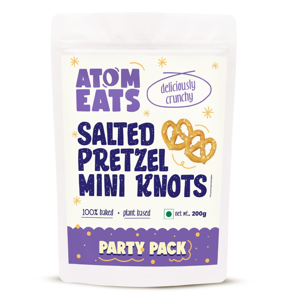 Atom Eats | Salted Pretzel Mini Knots Party Pack - 200 g (Pack of 1) | Mini Salted Pretzel Knots | Perfect Party Food, On-the-Go Gourmet Snacks for Coffee, Wine, Desserts & Parties | Imported Quality