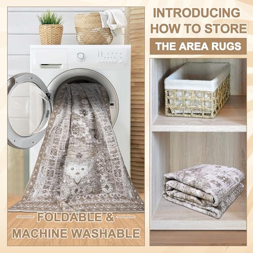 Capslpad Braun Vintage Teppich Wohnzimmer 160x230cm, Retro rutschfest Kurzflor Waschbarer Teppiche, Weich Schlafzimmer Wohnzimmerteppich für Wohnzimmer Schlafzimmer Büro Bereich Esszimmer Living Room