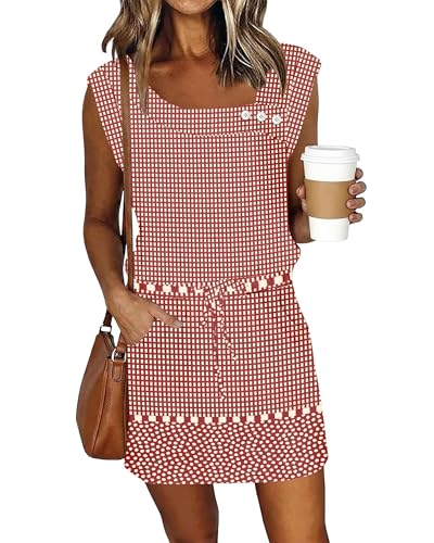 Image of SAUKOLE Womens Summer Dress Cap Sleeve Square Neck Short Dress with Pockets | Classic Square Neckline, Button Front, Adjustable Drawstring Waist, Flowy Mini Sundress for Women, 2026 Summer Outfits