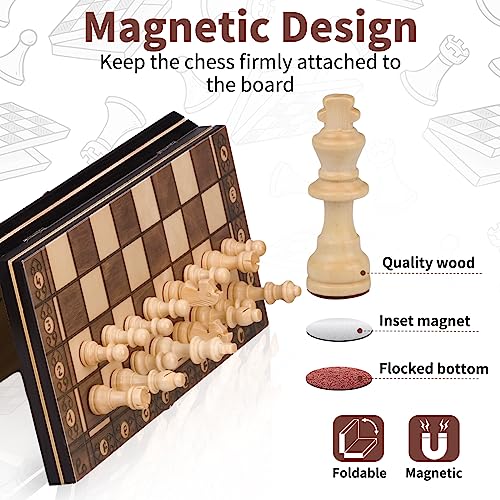 Schachspiel aus Holz,3 In 1 Schachspiel Magnetisch,Chess Board Set klappbar für Party Familie Aktivitäten,reiseschach, schachspiel Kinder(29x29cm)
