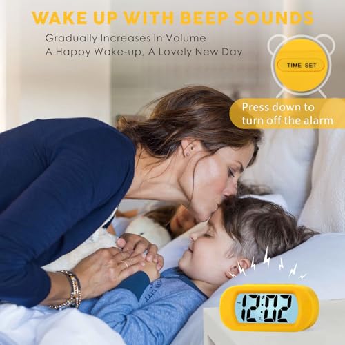 Image of Plumeet Kids Alarm Clock Large Digital LCD Travel Alarm Clocks with Snooze and Night Light - Ascending Sound and Handheld Size - Best Gift for Kids (Yellow)