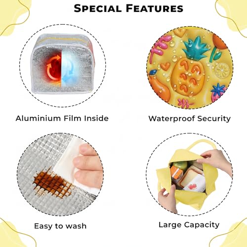 Image of Kraptick Compact & Stylish Design Printed Tiffin Bags for Children Insulated Lunch Bag for Kids Perfect Leakproof Keeps Hot and Cold Lunch Bag for School (Yellow Pineapple) (Pack of 2)