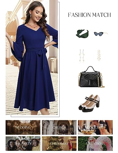Image of DRESSTELLS Women's Cocktail Dress Summer Wedding Guest Party Vintage 3 /4 Bell Sleeve V Neck A-Line Dress