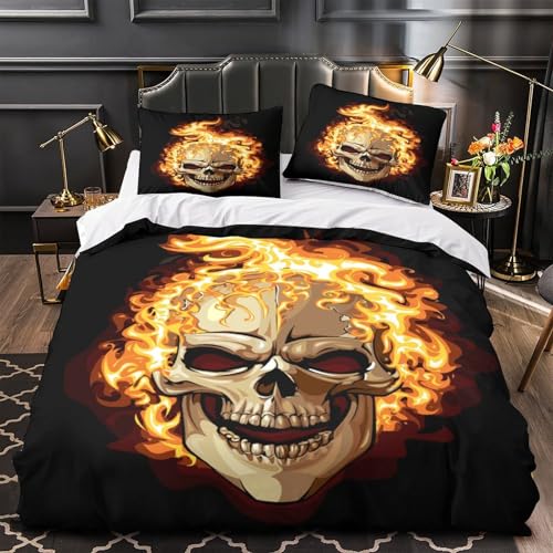 DFENILROP 3 Piezas Microfibra Suave Fireskull Juego Fundas Edredón Estampado 3D Fundas Almohada Suave darkgothic Funda de Edredón Cremallera Oculta for Adultos Single（140x200cm）