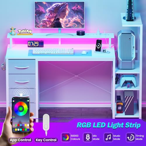 Image of 51 Inch Gaming Desk with LED Lights and Power Outlets, Computer Desk with Storage Shelves, Fabric Drawers, Monitor Stand & Side Hook, Reversible Gamer Table for Home Office, Carbon Fiber White