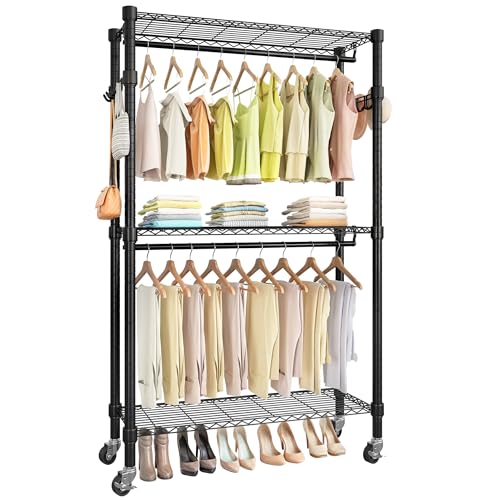 DWVO Rolling Clothes Rack with Wheels, Heavy Duty Garment Rack with 3 Tiers Adjustable Wire Shelving, Portable Clothing Rack for Cloakroom Bedroom Laundry Storage Organizer, Black