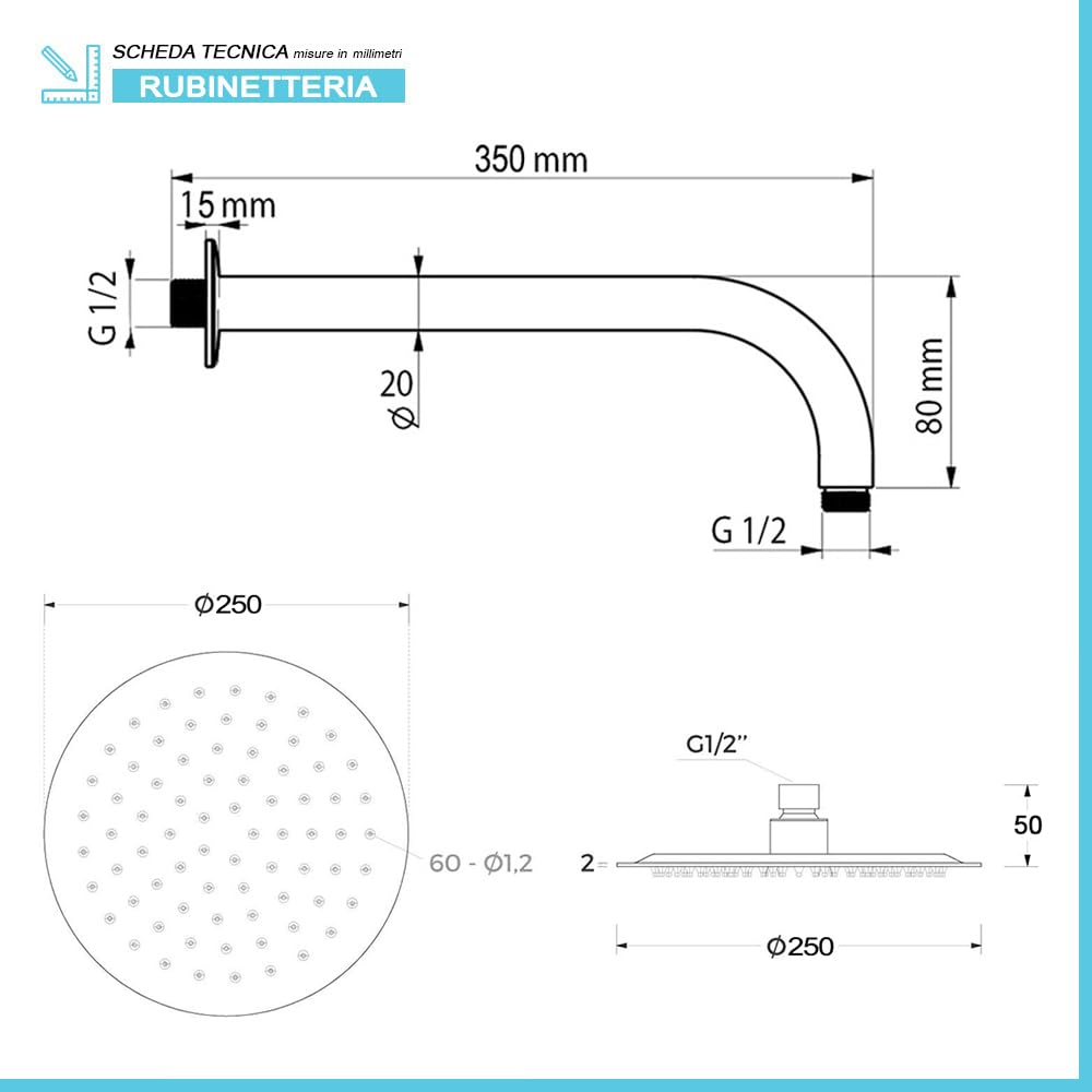 Set doccia incasso satinato con braccio e soffione 25 cm, kit doccia con doccino in ottone, presa acqua e supporto, GEMINI