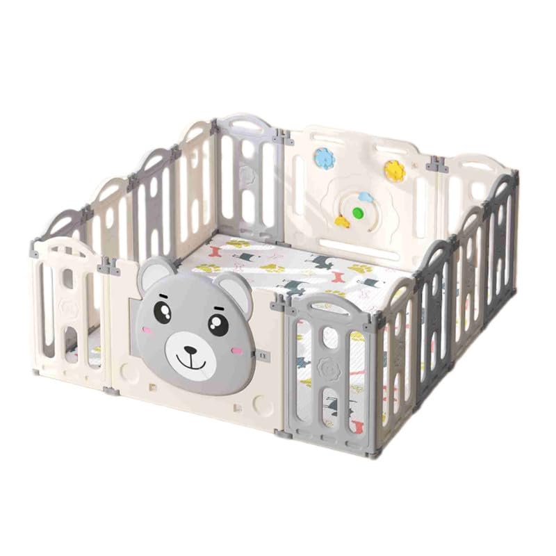 Recinto per Bambini in Plastica PL38 Area Giochi Pieghevole, 12 Pannelli + 2 Pannelli Gioco + 1 Porta, Box Neonato Interno ed Esterno, 148x148x62 cm, Grigio