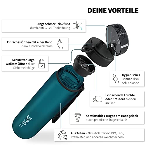 Láhev na pití 720°DGREE 1l sportovní „uberBottle“ softTouch + sítko - bez BPA - láhev na vodu pro univerzitu, práci, fitness, kolo, outdoor, práci - sportovní láhev z Tritanu - lehká, nárazuvzdorná, opakovaně použitelná