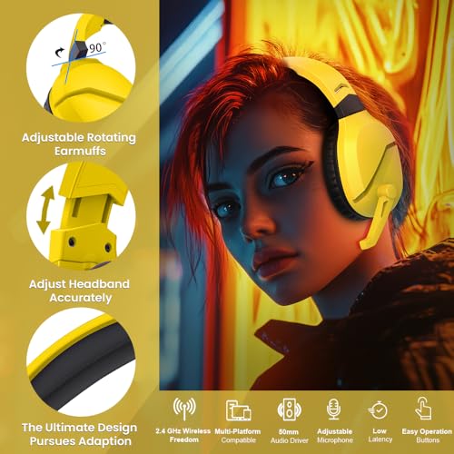 Image of Wireless Gaming Headset with Noise Canceling Microphone for PS5, PC, PS4, 2.4G /Bluetooth Gaming Headphones with USB and Type-c Connector, Wired Mode for Controller - Yellow