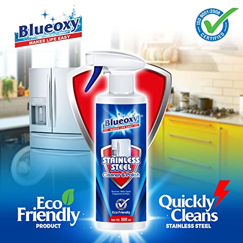 Image of BLUEOXY Stainless Steel Cleaner and Polish | Stainless Steel Magic | Removes Fingerprints | Water Marks and Grease from Appliances Refrigerators | Ecological Formulation | 500 ML | RTU Spray | QTY 2