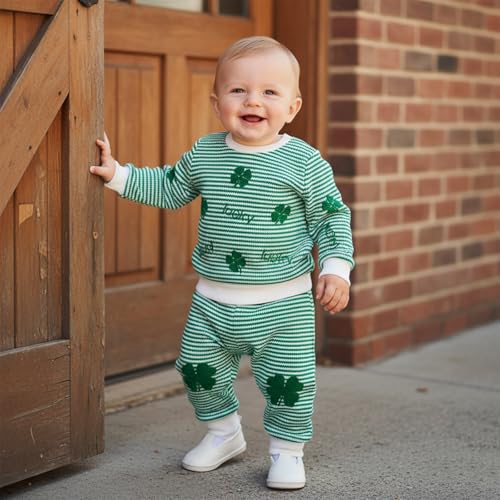 Image of Toddler Baby Boy St Patricks Day Outfit Infant Lucky Clover Sweatshirt Pants Set Little Kids Spring Warm Clothes
