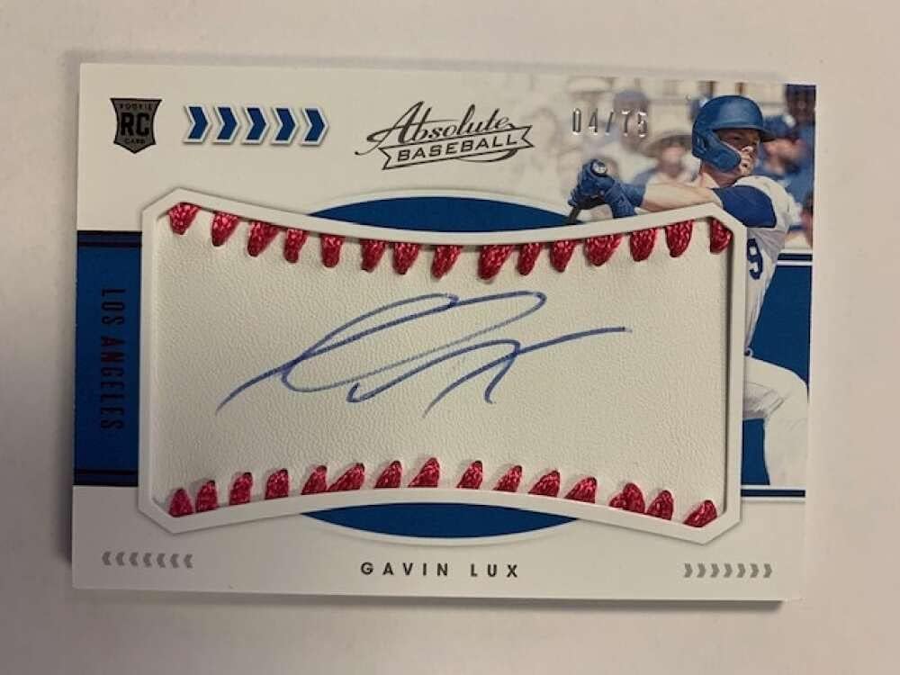 2020 Absolute Rookie Baseball Material Signatures Pink #116 Gavin Lux RC Rookie Card Jersey/Relic Auto Autograph SER/75 Los Angeles Dodgers Official MLB PA Baseball Trading Card in Raw (NM or Better) Condition