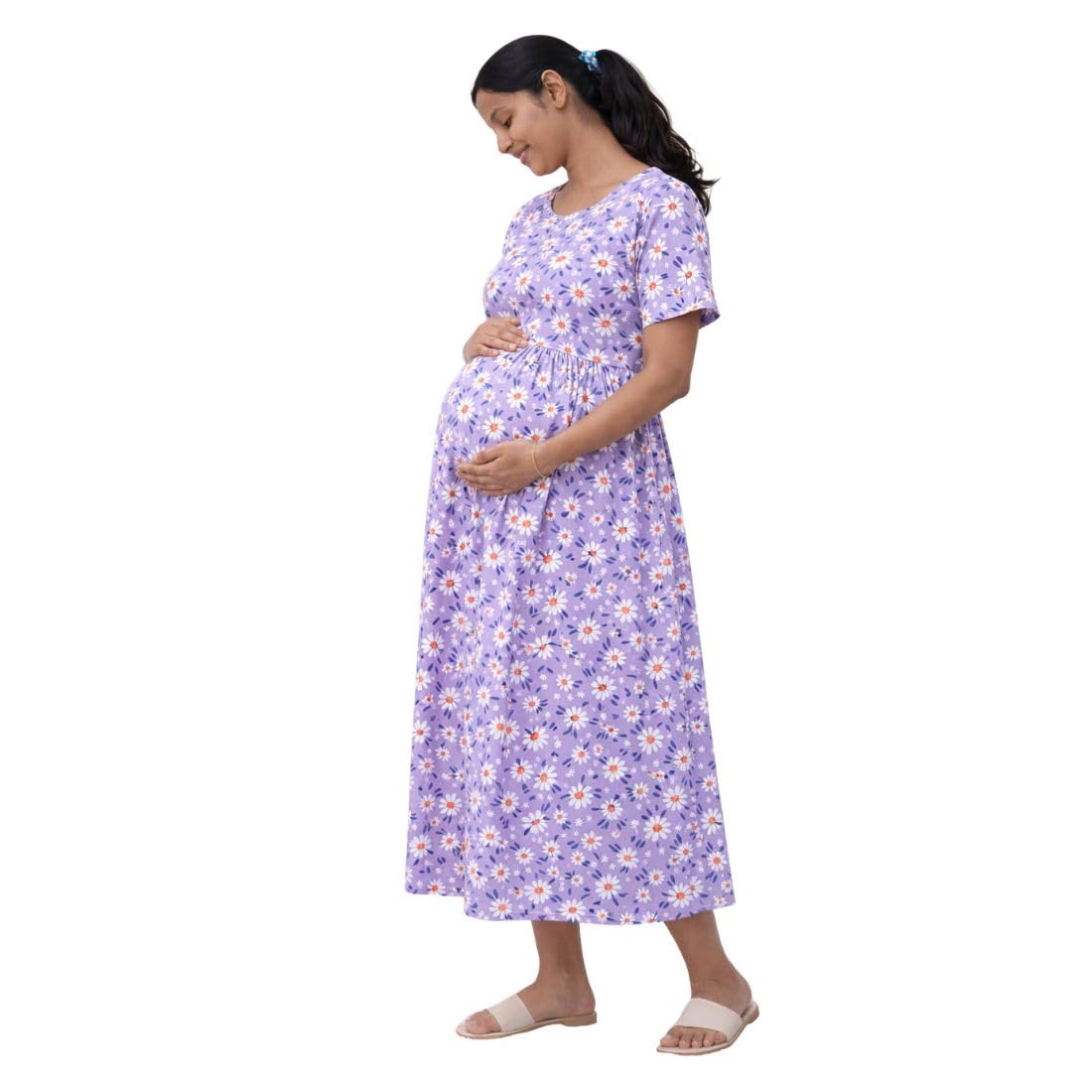 Zero Clothing Feeding Dress for New Moms | Cotton Maternity Nighty | Zipless Nursing Gown with Pull-Up Access | Ankle Length Pregnancy Wear | Pre & Post Maternity Gown