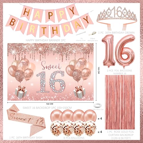 Image of Sweet 16 Birthday Decorations for Girls, banner,Backdrop, it's my 16th Birthday Sash, Sweet Rhinestone Tiara Crown,Balloons