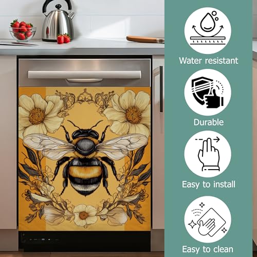 Image of Bee Dishwasher Covers for The Front Magnetic,Yellow Flower Refrigerator Magnets Decoration,Reusable Dishwasher Cover Panel for Home Kitchen Decor 23x26 Inch