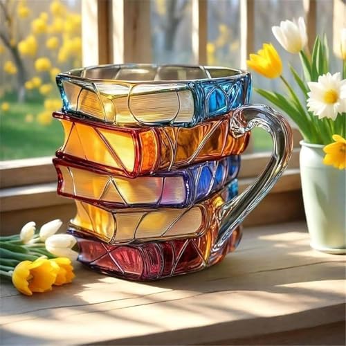 3D Stacked Books Kaffeetasse Bunte Neuheit Buch Liebhaber Geschenk für Lehrer & Literarische Freunde Kreative Keramik Lesetasse mit Buchthema Teetasse