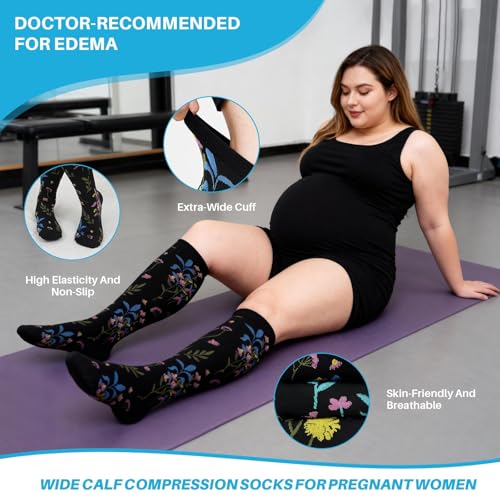 Image of Plus Size Compression Socks 20-30mmHg Wide Calf for Men Women, Extra Large Compression Stockings Support for Running, Travel, Nurses, Pregnancy (3 Pairs)