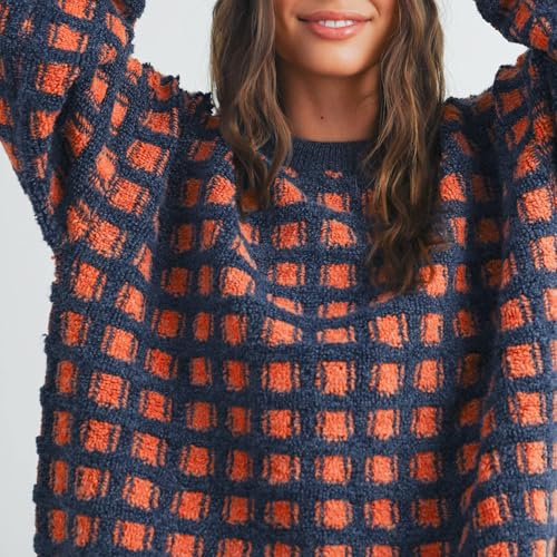 Checkered Sweaters for Women Long Sleeve Crew Neck Knit Sweater Top Plaid Pullover Fall Vintage Gingham Knitwear3
