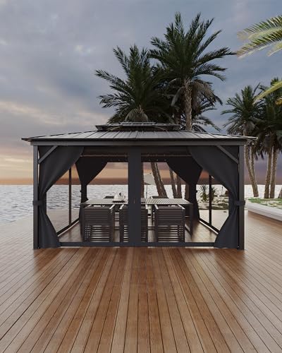 10x14 Ft Hardtop Gazebos with Heavy Duty Double Roof, Nettings and Curtains Galvanized Steel Outdoor Gazebos for Patio, Backyard, Deck, Lawn (Grey)