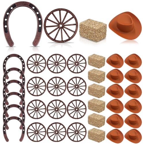 PPXMEEUDC 36PCS Western Party Decorations Mini Horseshoe Brown Cowboy Hat Wheel Hay Bales Suitable for Crafts Birthday Weddings and Cowboy Party Favors
