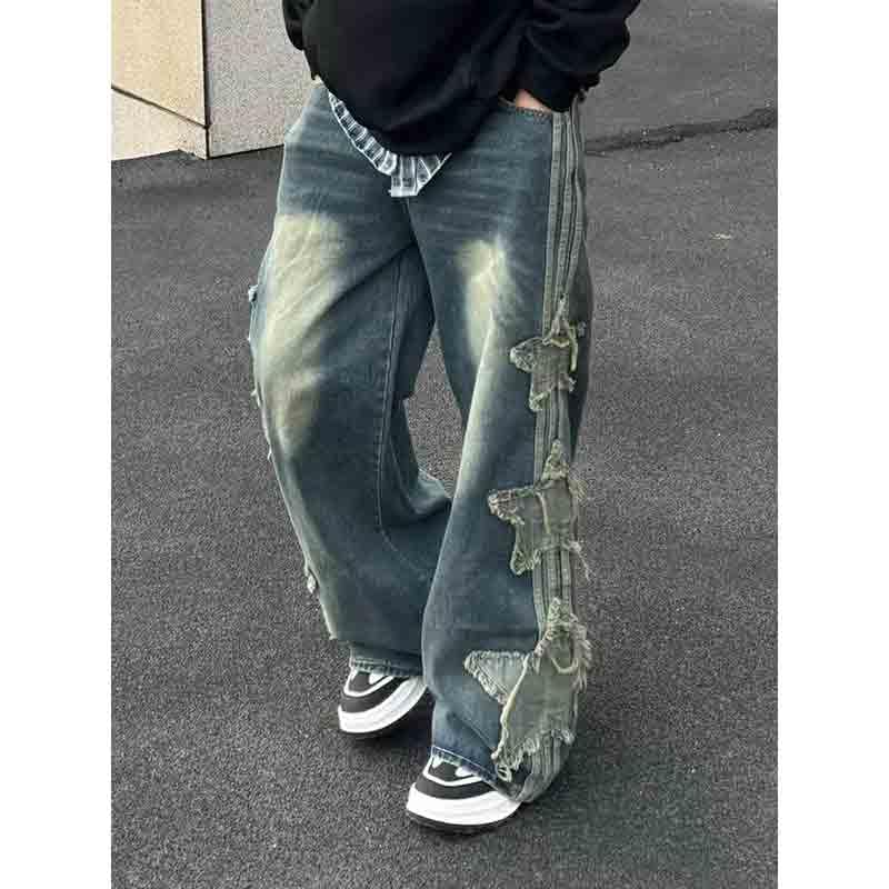 BXCNCKD Unisex Star Patch Denim Skirt, Loose Straight Leg Hanging Pants, Casual Wide Leg Pants4