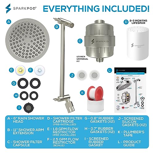 Image of SparkPod Filtered Shower Head & 11 inch Shower Arm, 6 inch Round, Brushed Nickel | Showerhead for Hard Water, High Pressure Shower Head, Adjustable Showerhead, Universal Connection, Gain Space & Style