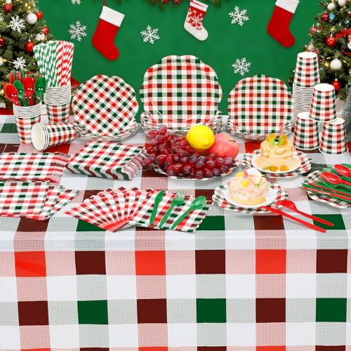 Image of Funnymoom 452 Pcs Red and Green Christmas Buffalo Plaid Party Supplies for 50, Scalloped Christmas Gingham Plaid Paper Plates Napkins Cups Tablecloth Cutlery Straws for Rustic Holiday Party Decoration