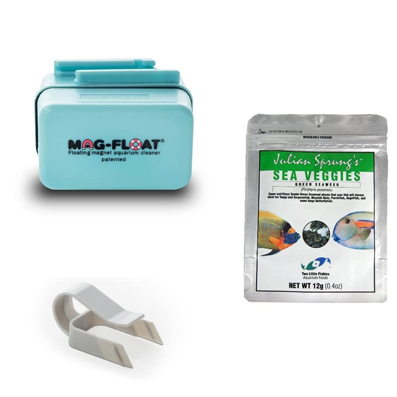 Mag-Float35 Small Acrylic Aquarium Cleaner, Feeding Clip & Sea Veggies Bundle (3 items)