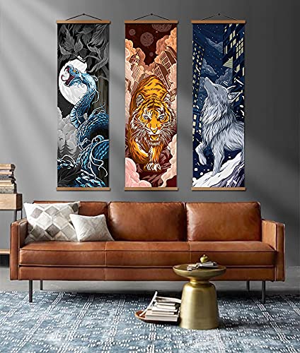 Large Set Of 4 China Oriental Asian Wolf Tiger Snake Bull Print On Canvas Wall Decorative Painting Art Decor Poster Hanging On The Wall Sushi Restaurant Karate Hall Living Room Office Home Picture 14 X 45'' X 4Pcs #TOP2