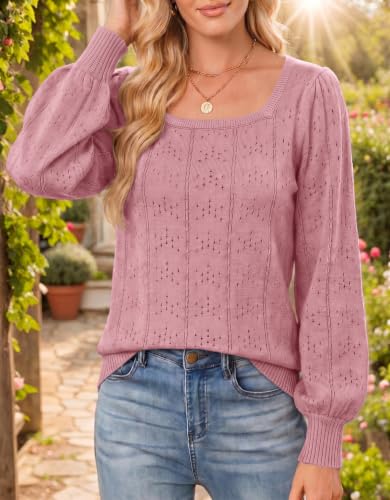Image of HOTOUCH Sweaters for Women 2026 Fall Trendy Tops Casual Puff Sleeve Square Neck Cute Tunic Pullover Blouses XS-XXL