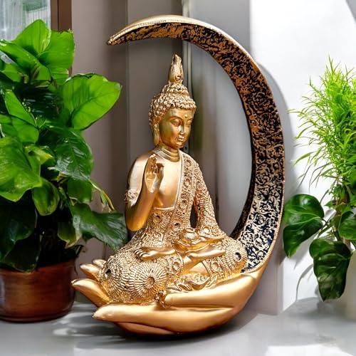 Image of Antique Big Meditating Moon Buddha Statue Showpiece for Home Decor - Living Room - House Warming - Office - Gifting - Buddha Idol Polyresin Decorative Figurine (9 Inch / 23 cm, Gold)