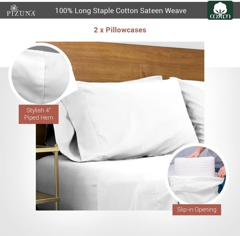 Vista 3 de Pizuna - Fundas de almohada de algodón puro y satén liso de 400 hilos