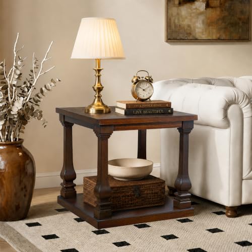 BFJDM 24.8" Farmhouse Square End Tables with 2-Tier Storage Shelf, Walnut
