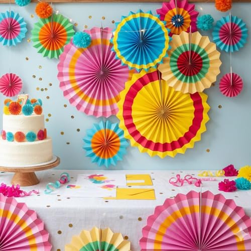 Image of 6 Pcs Multicolor Hanging Fiesta Paper Fans for Birthday Decoration Party Decoration Diwali Wedding (Pack of 6)