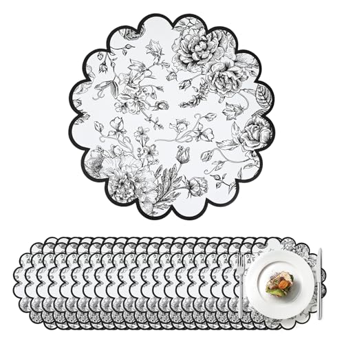 Stuffygreen 100 Pcs Black Floral Paper Placemats with Scalloped Edges