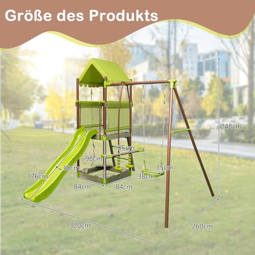 COSTWAY Spielturm, Klettergerüst mit Schaukel, Rutsche, Kletterseil, Gleitersitzen, Leiter und Sandkasten, Outdoor Kinder Kletterturm für Garten