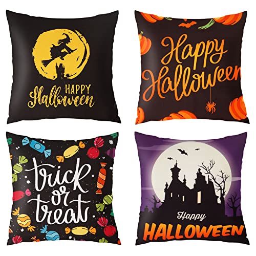 AmFor Set of 4 Halloween Pillow Covers - 18X18 inch Pumpkin, Trick Or Treat Decorative Throw Pillow Cases for Living Room Sofa, Bedroom Decorations