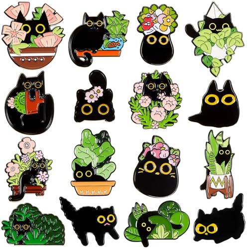 Juexica 16 Pcs Black Cat Enamel Pin Bulk Anime Animals Cute Kawaii Creative Lovely Metal Kitten Brooches for Backpack Hat Jackets Bag Clothes Accessories Christmas Holiday Gifts